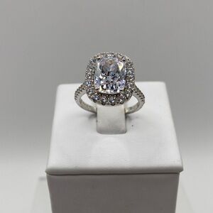 Sterling Silver 925 Radiant Cut Simulated Diamond Halo Ring 7 Wedding Guest New